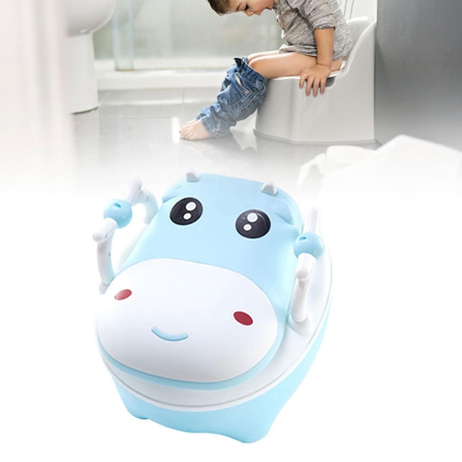 Olita pentru Copii, Flippy, +1an, Portabila, Design Vacuta cu Capac, Model Prietenos, Non-Toxic, cu Manere, Compartiment Detasabil, Perie Inclusa, Usor de Curatat, Albastru [3]