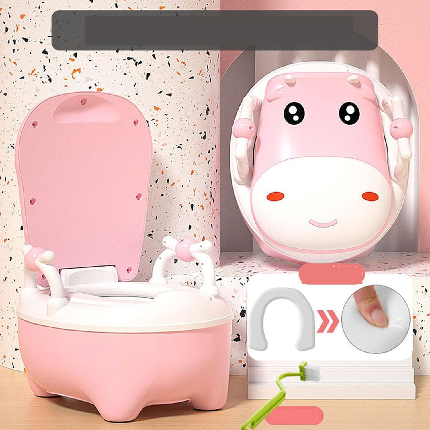 Olita pentru Copii, Flippy, +1an, Portabila, Design Vacuta cu Capac, Model Prietenos, Non-Toxic, cu Manere, Compartiment Detasabil, Perie Inclusa, Usor de Curatat, Roz [4]