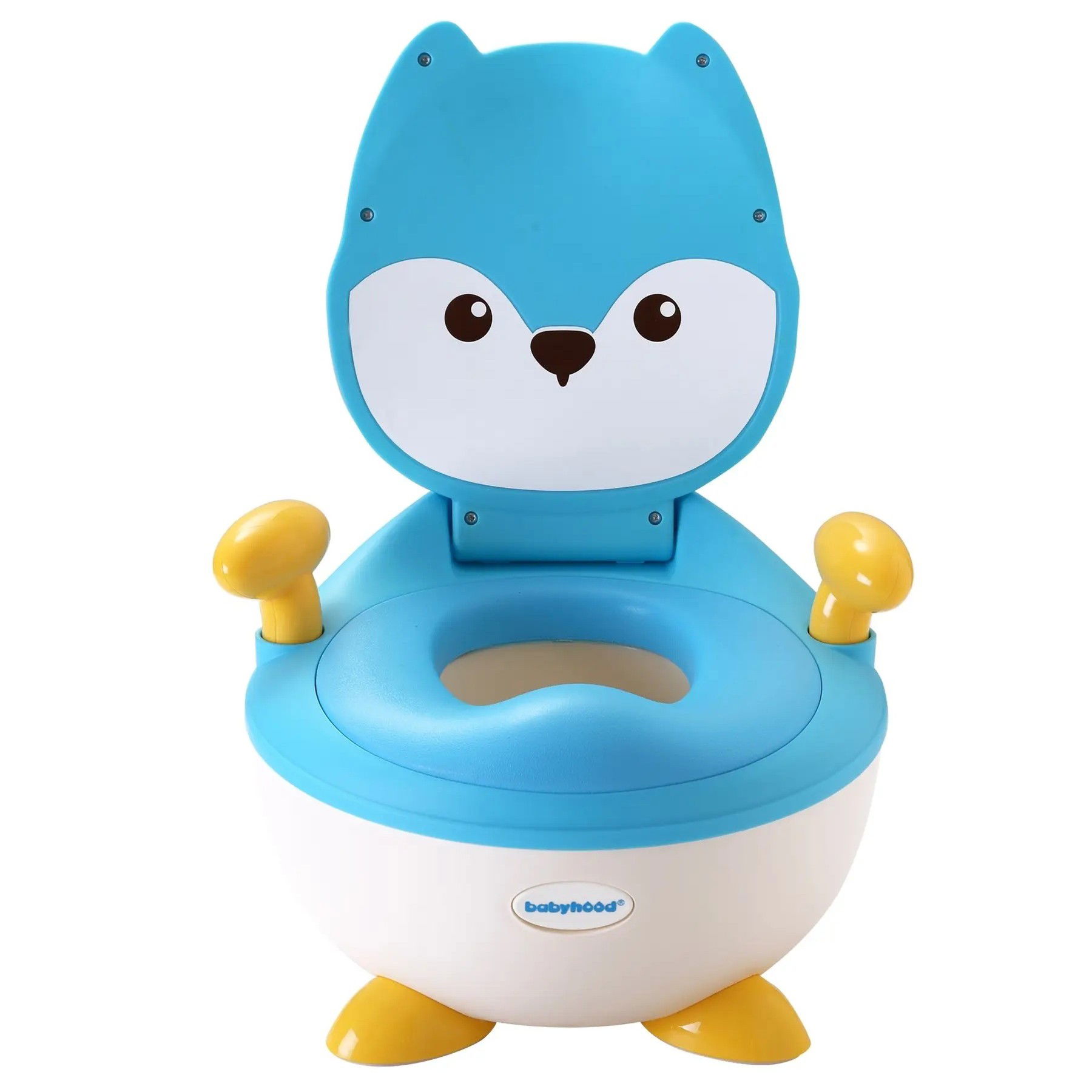 Articole pentru baie - Olita pentru Copii, Flippy, +6 luni, Compartiment Detasabil, cu Capac, Antiderapanta, din Plastic, Colac Moale, Model Animat Vulpe, cu Maner, 34.5 x 35 x 23 cm, Albastru/Alb