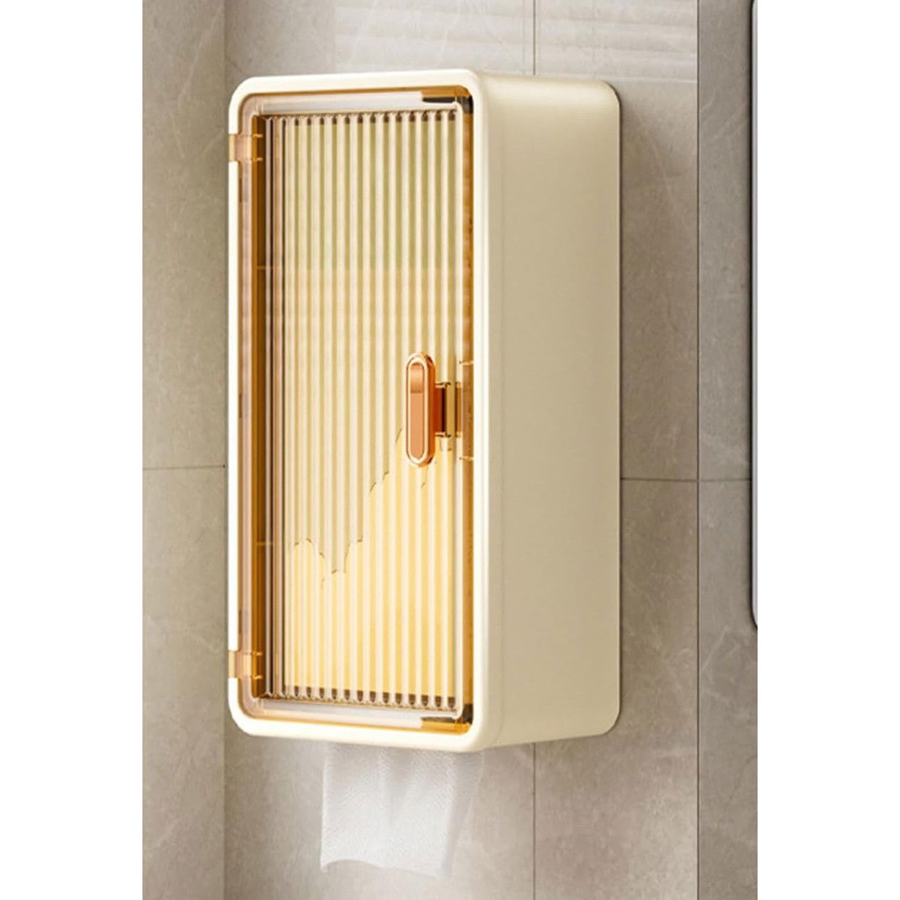 Organizator Cosmetice, Flippy, Montare pe Perete fara Perforare, 36.5x10.9x20 cm, din PP si ABS, Bej, Usa Transparenta [5]