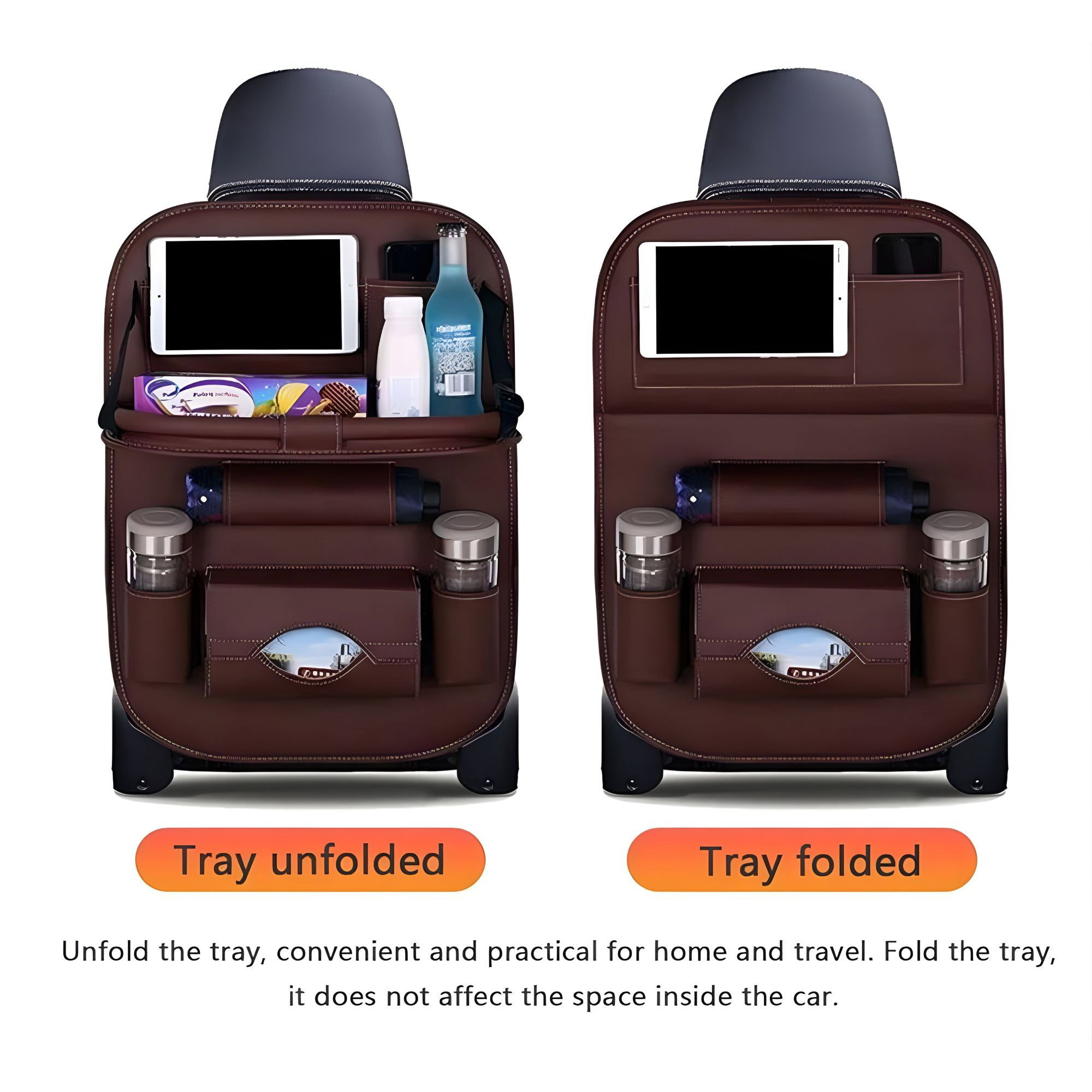 Organizator Spate Scaun Auto, Flippy, Masa Pliabila, Piele Ecologica, Impermeabil, Suport pentru Tableta, Sortare Lucruri si Protejare Tapiterie, 40 x 63cm, Bej [4]