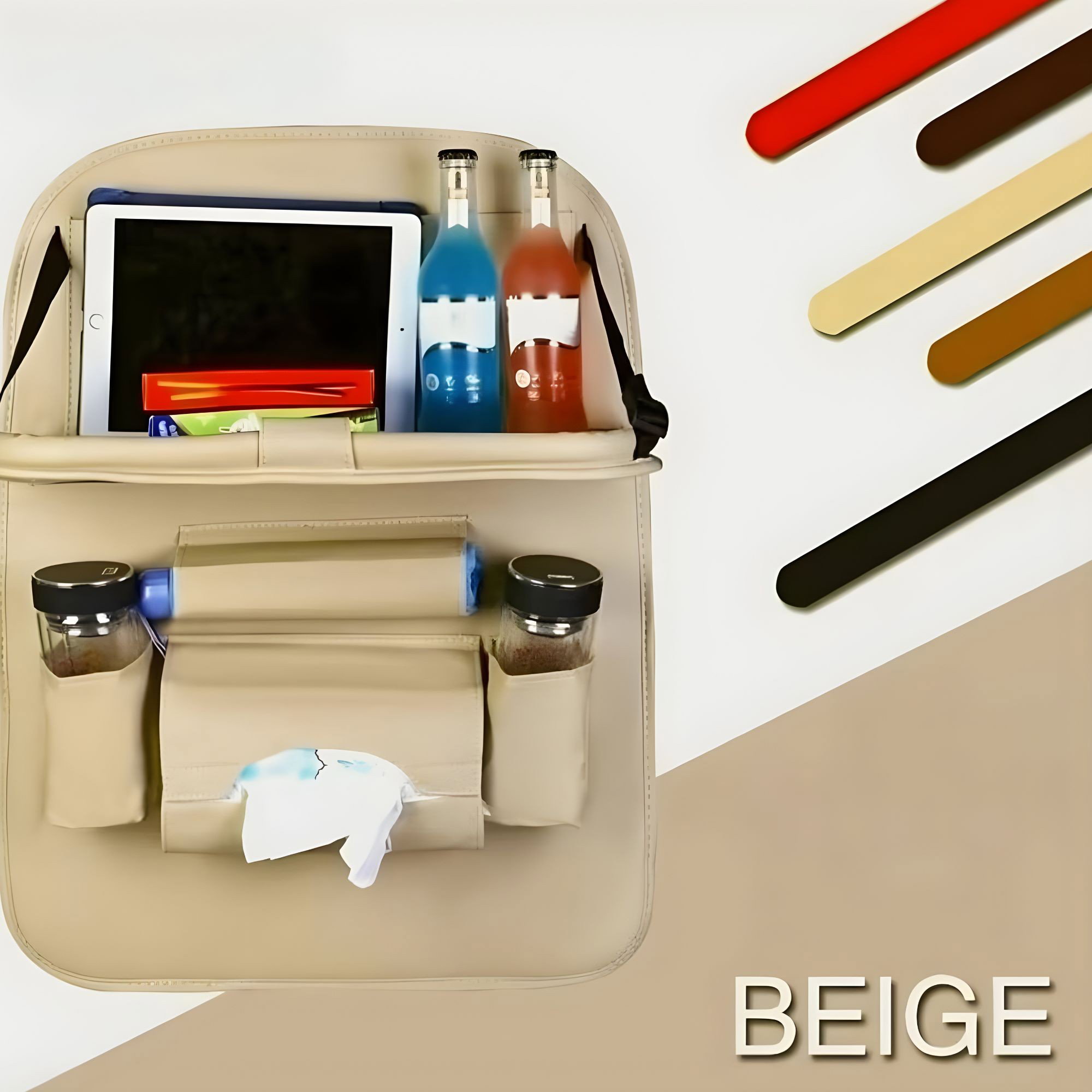 TeoMarket - Organizator Spate Scaun Auto, Flippy, Masa Pliabila, Piele Ecologica, Impermeabil, Suport pentru Tableta, Sortare Lucruri si Protejare Tapiterie, 40 x 63cm, Bej