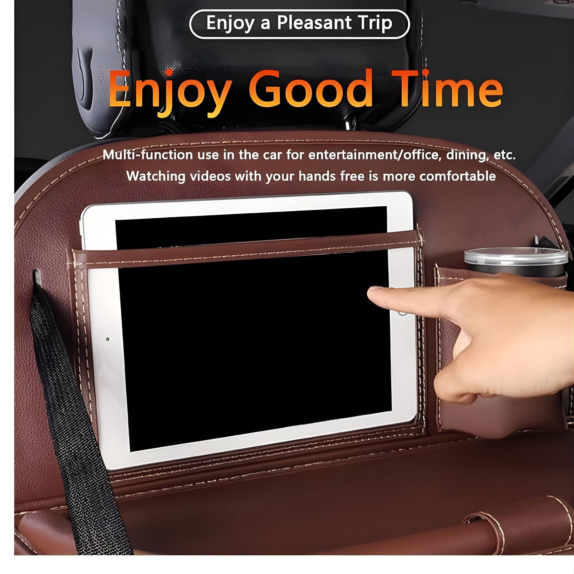 Organizator Spate Scaun Auto, Flippy, Masa Pliabila, Piele Ecologica, Impermeabil, Suport pentru Tableta, Sortare Lucruri si Protejare Tapiterie, 40 x 63cm, Bej [3]