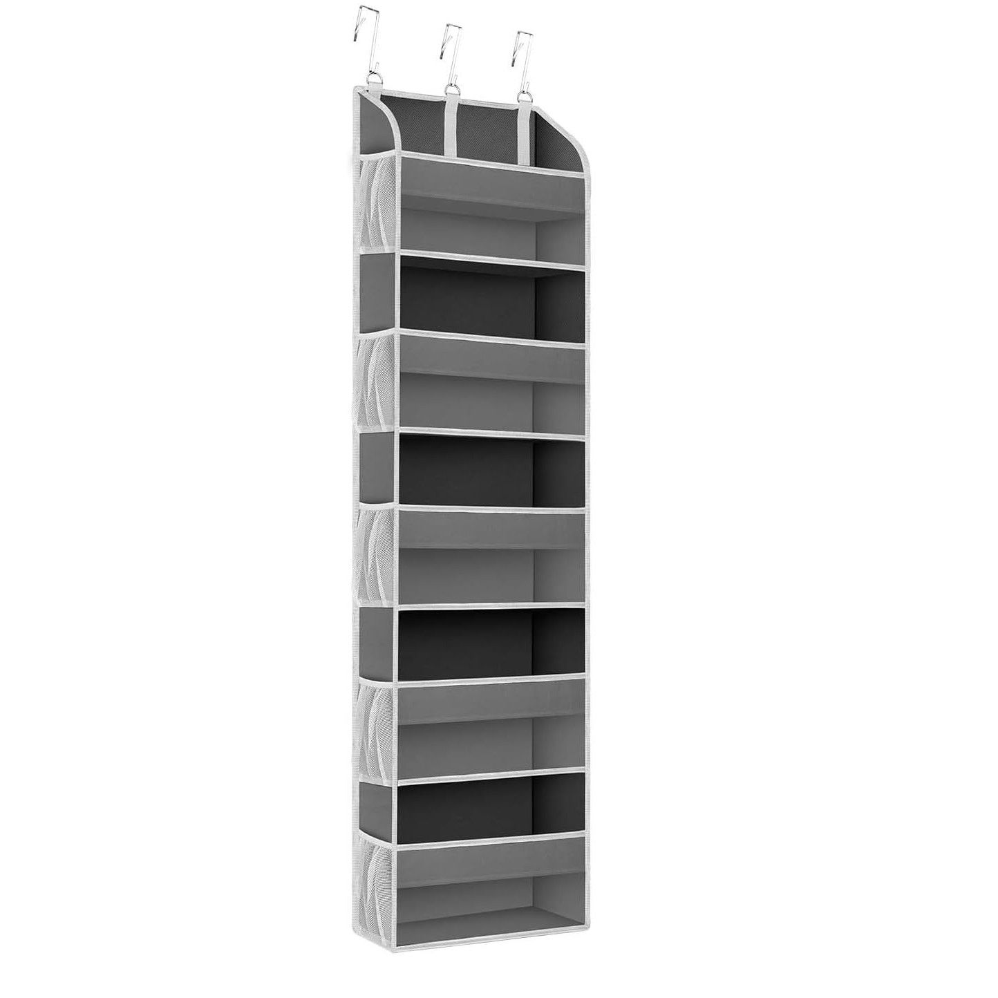 Organizatoare incaltaminte si imbracaminte - Organizator Suspendat pentru Usi, Flippy, din Nailon si Plasa, Baza de Carton Ingrosat, 5 Buzunare Principale + 10 Buzunare Laterale, 140 x 39 x 17 cm, 3 Carlige Incluse, Gri