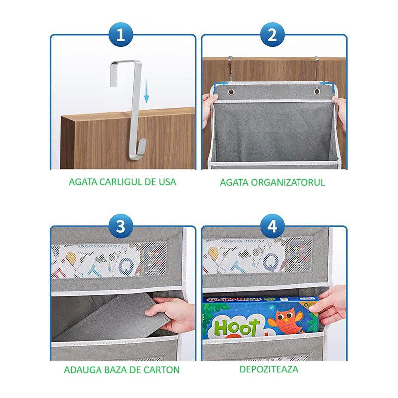 Organizator Suspendat pentru Usi, Flippy, din Nailon si Plasa, Baza de Carton Ingrosat, 5 Buzunare Principale + 5 Buzunare Laterale, 146 x 40 x 17 cm, 2 Carlige Incluse, Gri [4]