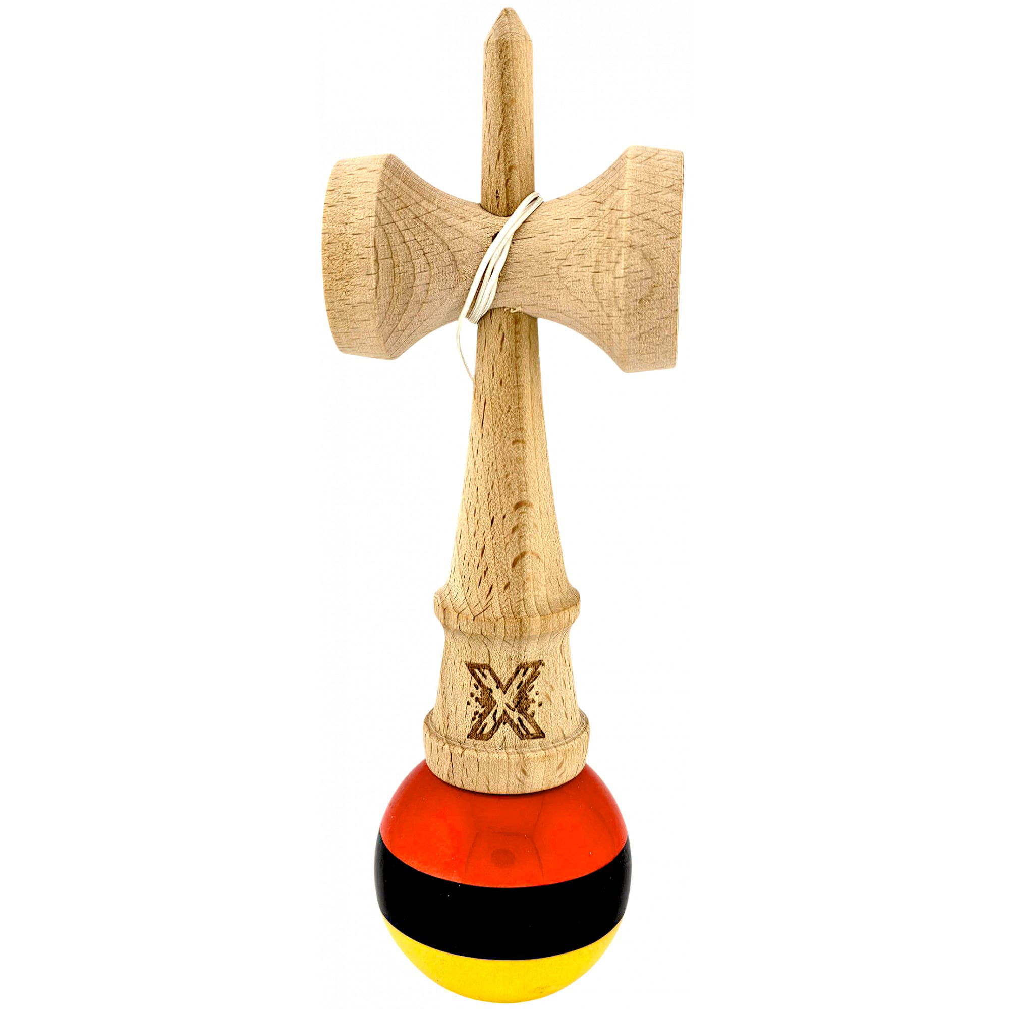 Kendama - Kendama X Originala, Profesionala, Flippy, Super, Sticky din Lemn, 18 cm, Rosu/Negru/Galben