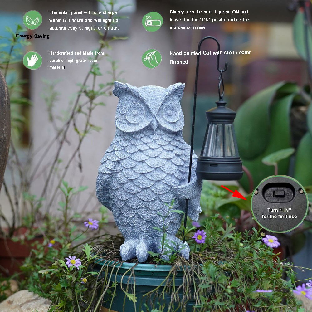 Ornament de Decor pentru Gradina cu LED, Flippy, Model Bufnita cu Felinar, Decoratiune Exterioara pentru Casa si Gradina, din Rasina, 21.5x15 cm, Gri [2]