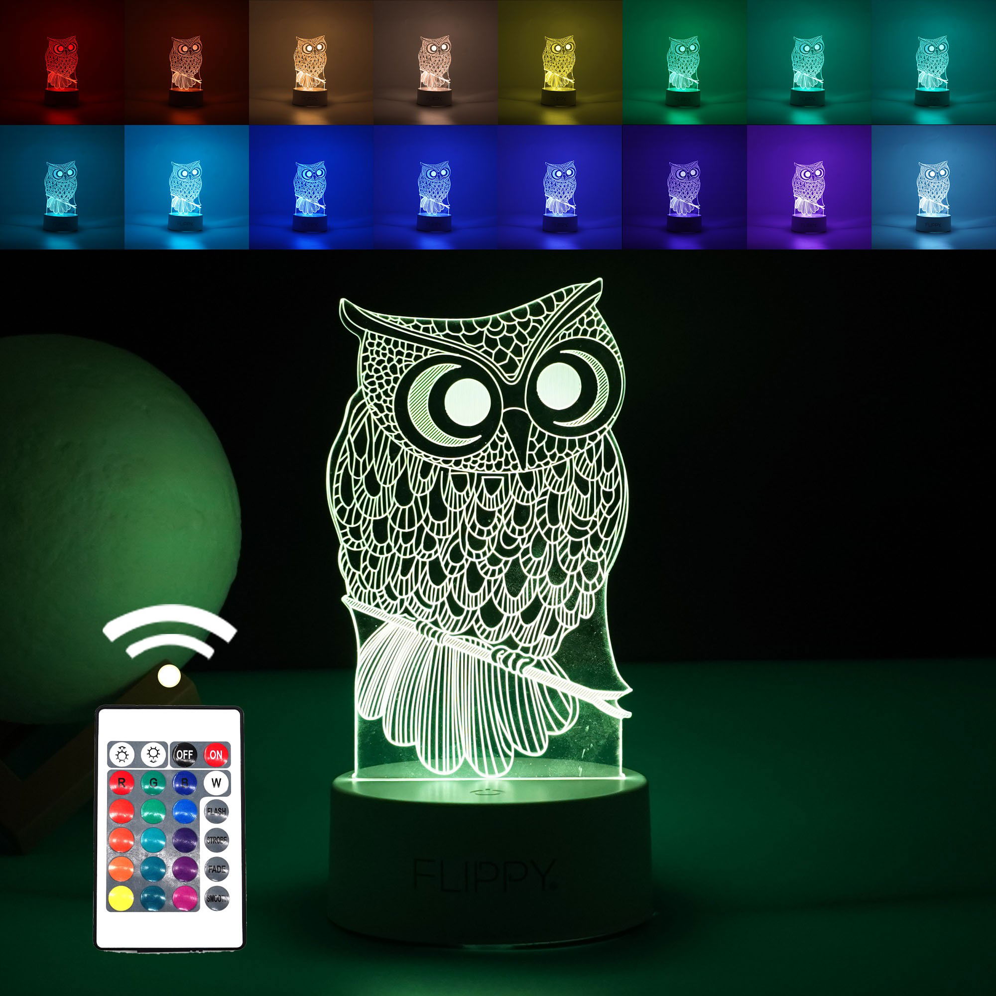 Lampi de veghe - Lampa LED decorativa, Flippy, 3D, Bufnita, cu USB si baterii, 20 cm inaltime, din material acril, lumina multicolora si telecomanda inclusa, alb