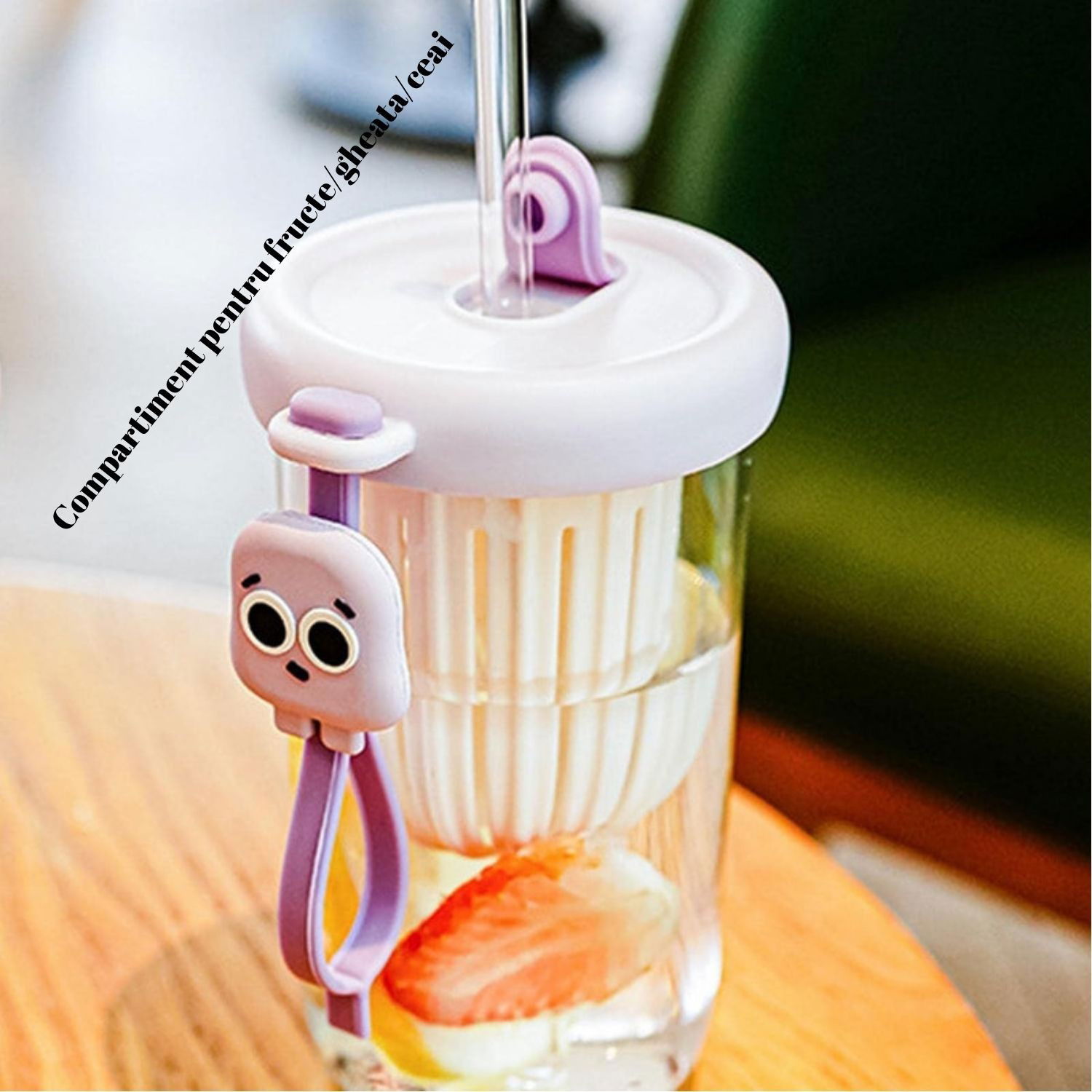 Pahare, Sticle si Cani - Pahar din silicon, cu capac si pai, pentru copii, Flippy, anti-cadere, compartiment pentru fructe/ceai/gheata, rezistent la temperaturi inalte, 500ml, Mov, 14.5x8.8x20 cm