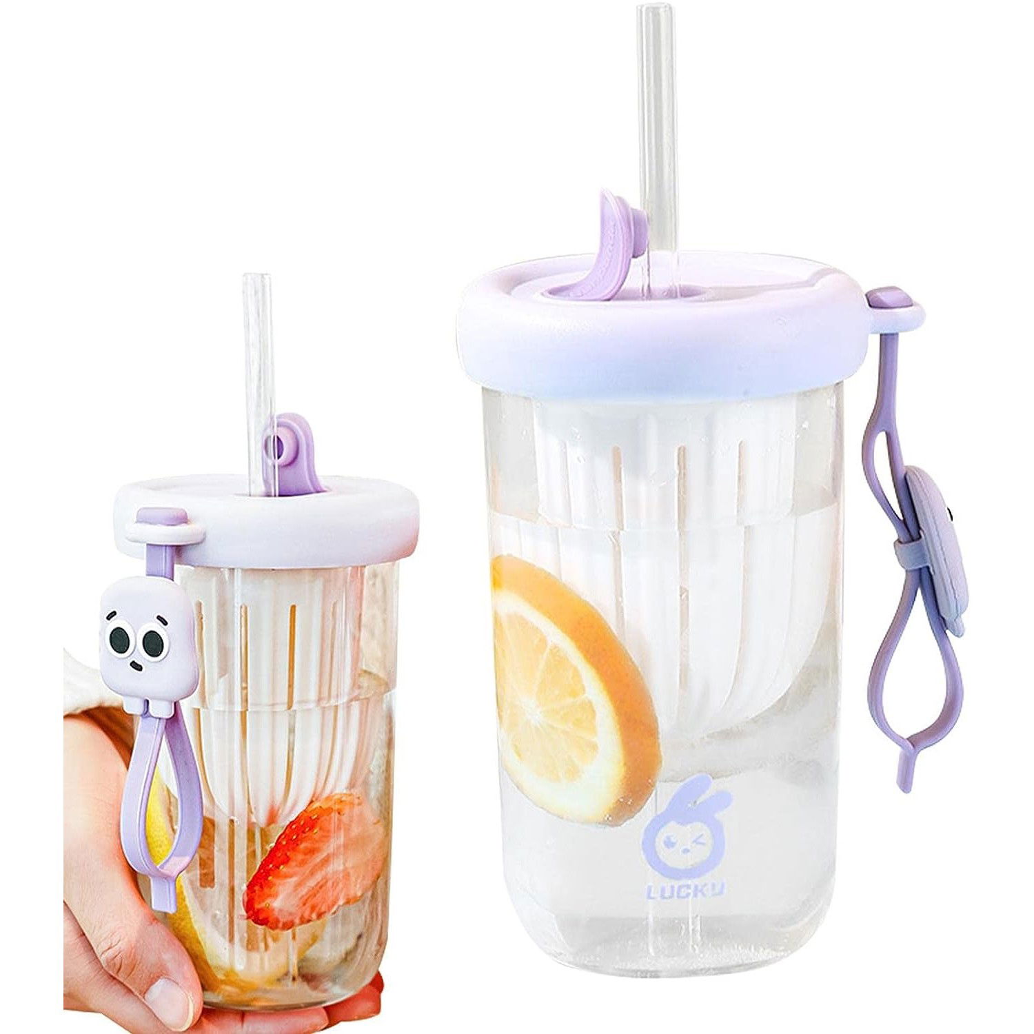 Pahar din silicon, cu capac si pai, pentru copii, Flippy, anti-cadere, compartiment pentru fructe/ceai/gheata, rezistent la temperaturi inalte, 500ml, Mov, 14.5x8.8x20 cm [6]