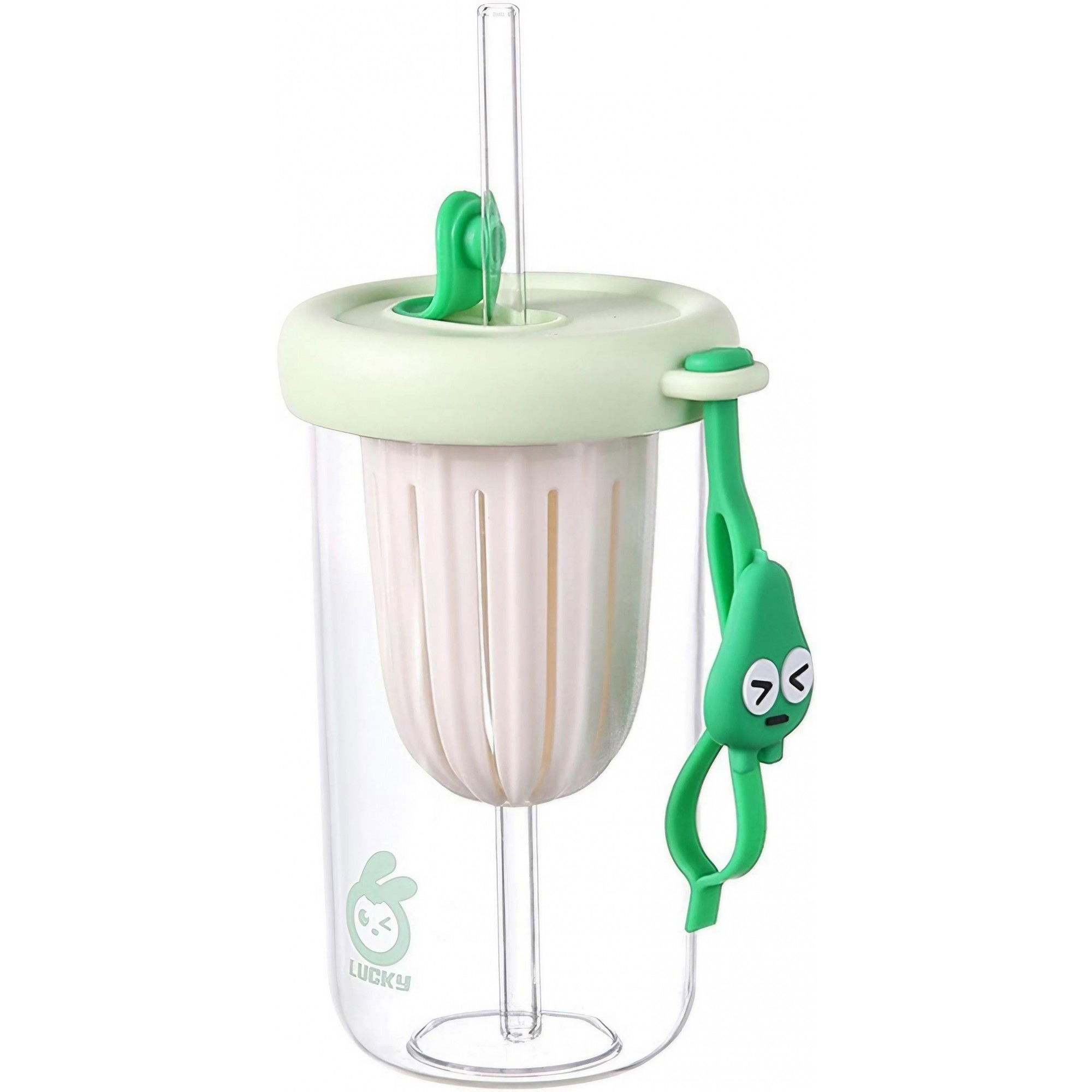 Pahare, Sticle si Cani - Pahar din silicon, cu capac si pai, pentru copii, Flippy, anti-cadere, compartiment pentru fructe/ceai/gheata, rezistent la temperaturi inalte, 500ml, Verde, 14.5x8.8x20 cm