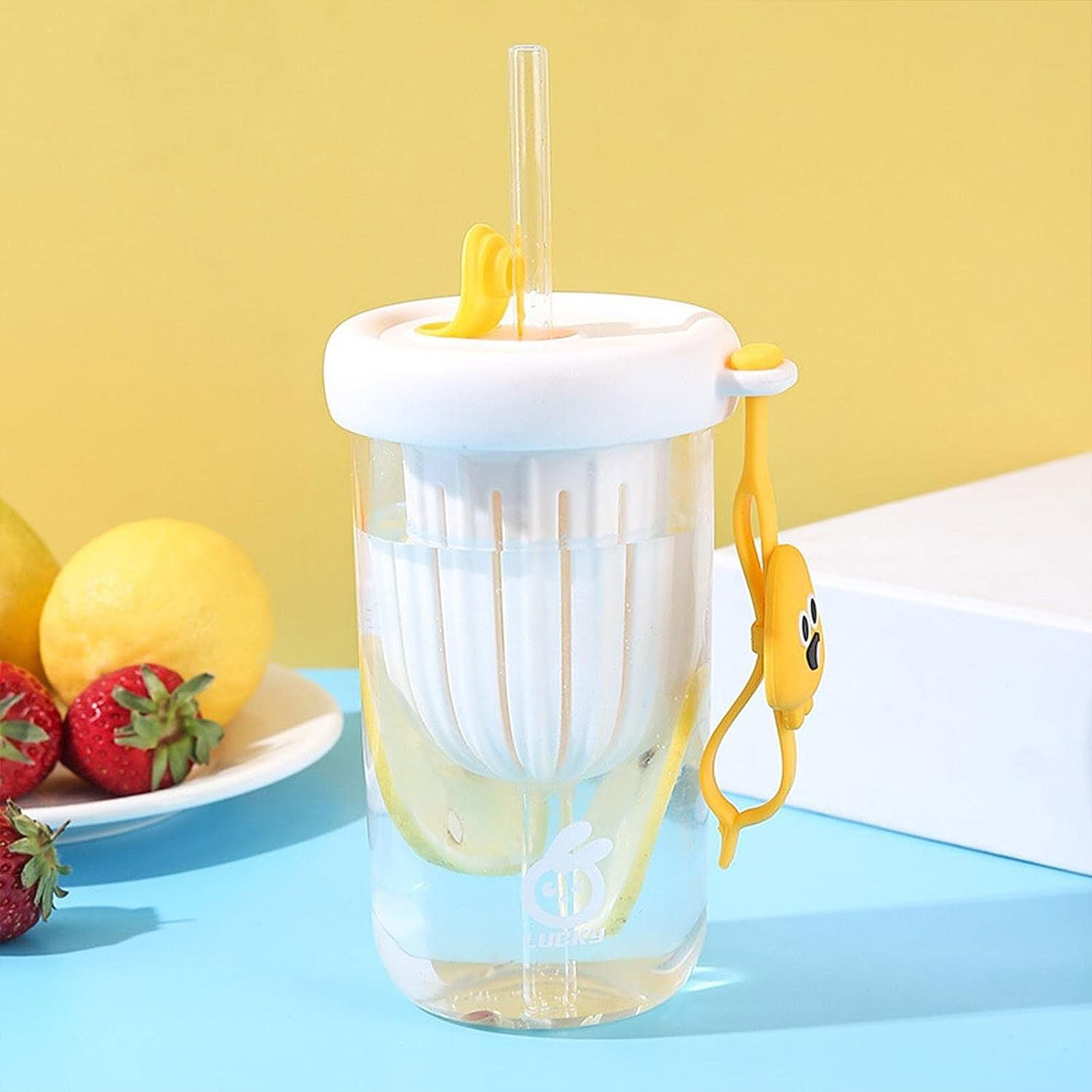 Pahar din silicon, cu capac si pai, pentru copii, Flippy, anti-cadere, compartiment pentru fructe/ceai/gheata, rezistent la temperaturi inalte, 500ml, Alb, 14.5x8.8x20 cm [4]