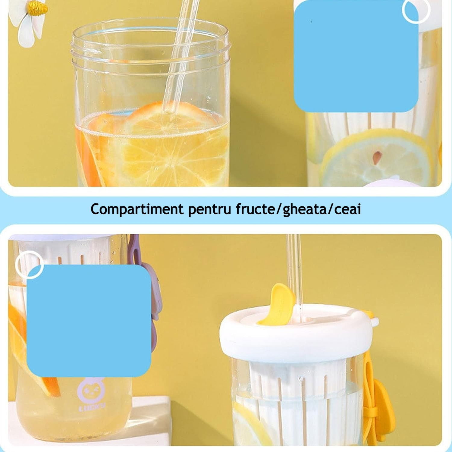 Pahar din silicon, cu capac si pai, pentru copii, Flippy, anti-cadere, compartiment pentru fructe/ceai/gheata, rezistent la temperaturi inalte, 500ml, Alb, 14.5x8.8x20 cm [5]