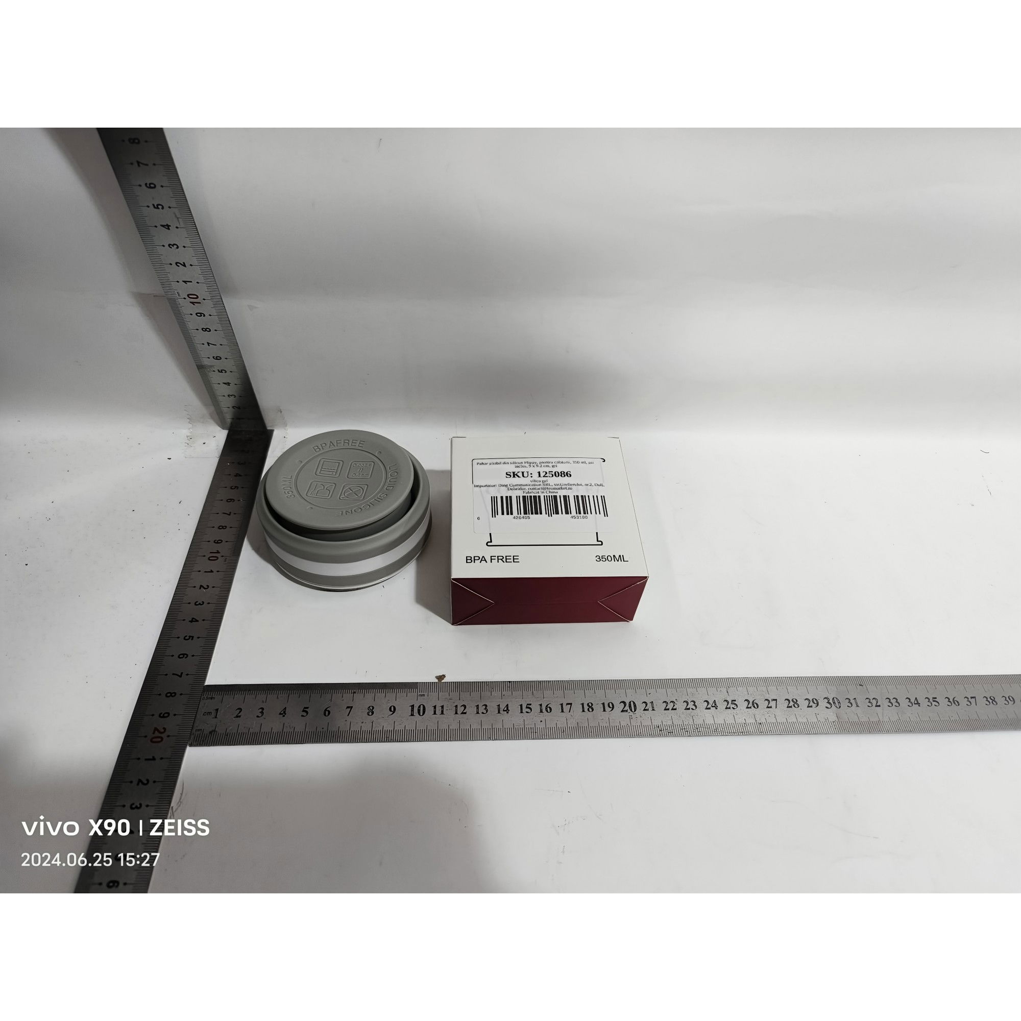 Pahar pliabil din silicon Flippy, prentru calatorii, 350 ml, pai inclus, 9 x 9.2 cm, gri [6]