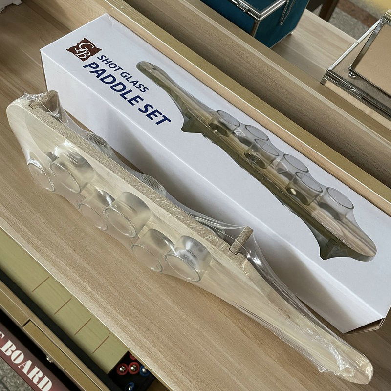 Pahare Shot din Sticla, Flippy, Set 6 pahare pentru Shot cu Suport din Lemn, Design Rustic, 41 x 8.5 x 6 cm, Model 2, Maro [6]