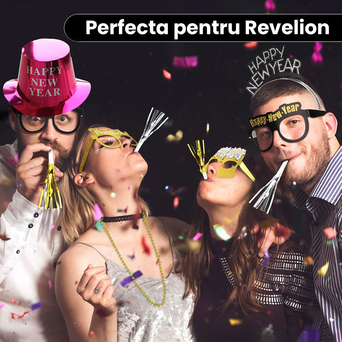 Palarie Happy New Year pentru Revelion, Flippy, Palarie Festiva de Anul Nou, Palarie Magica din Hartie, 29 x 25 x 15.5 cm, Colorata Sclipitor Roz [3]