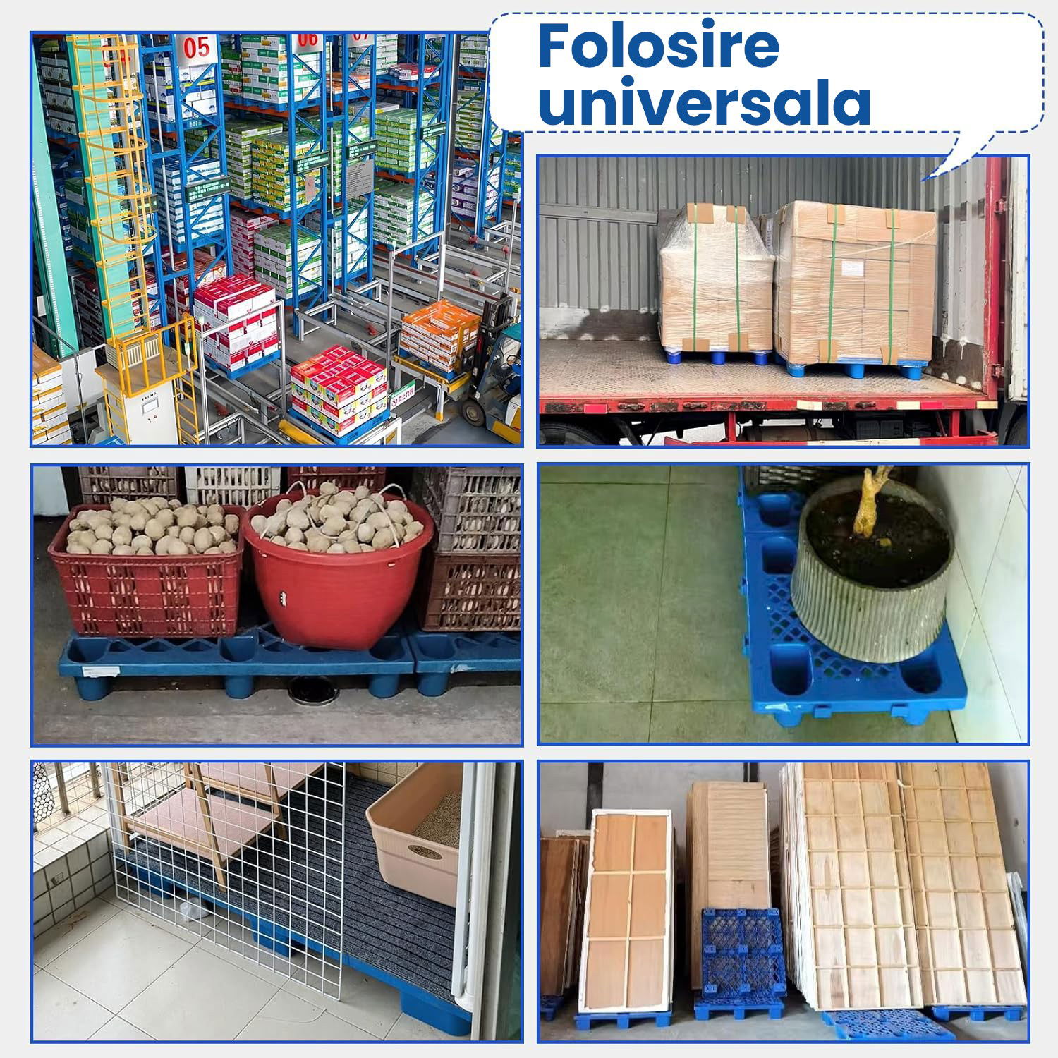 Palet de Transport, Flippy, 60 x 40 x 10 cm, din Plastic durabil, Palet pentru Stivuitor in Depozit, Rezistent la Umiditate, Grila Ingrosata, 5 Picioare, Albastru  [7]