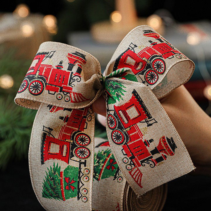 Panglica de Craciun pentru Decor Brad, Flippy, Panglica Decorativa de Craciun pentru Funde, Imprimeu Trenulet, 200 x 6.3 m, Khaki [3]