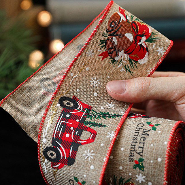 Panglica de Craciun pentru Decor Brad, Flippy, Panglica Decorativa de Craciun pentru Funde, Imprimeu Pick-Up Merry Christmas, 200 x 6.3 m, Khaki Rosu [3]