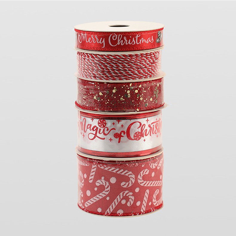 Panglica Decorativa cu Tematica de Craciun, Flippy, Set din 4 bucat + 1 Rulon Ata Rosie Alba, Panglica pentru Cadou de Craciun Brad si Decor, 2 M per bucata, Model Acadele, Rosu [5]