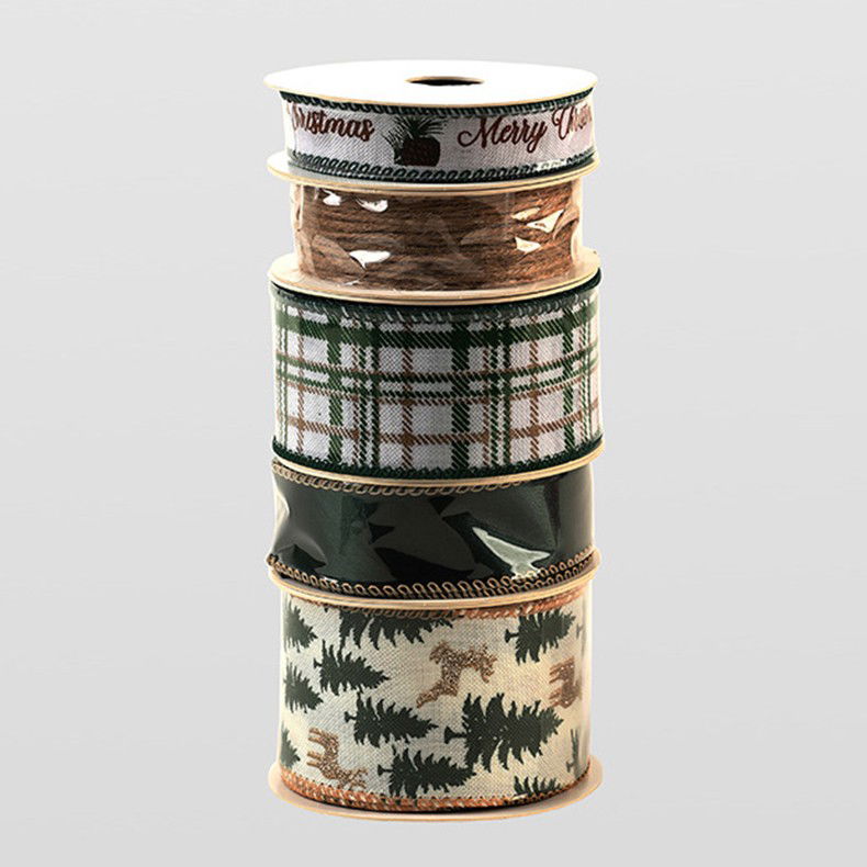 Panglica Decorativa cu Tematica de Craciun, Flippy, Set din 4 bucat + 1 Rulon Ata Maro, Panglica pentru Cadou de Craciun Brad si Decor, 2 M per bucata, Model Brad, Alb Verde [6]