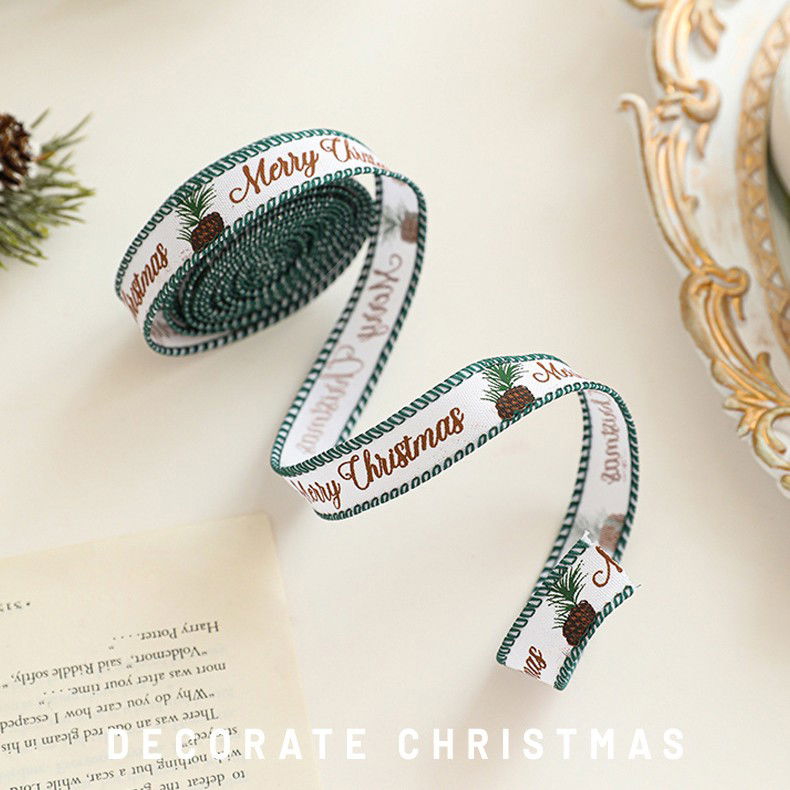 Panglica Decorativa cu Tematica de Craciun, Flippy, Set din 4 bucat + 1 Rulon Ata Maro, Panglica pentru Cadou de Craciun Brad si Decor, 2 M per bucata, Model Brad, Alb Verde [4]