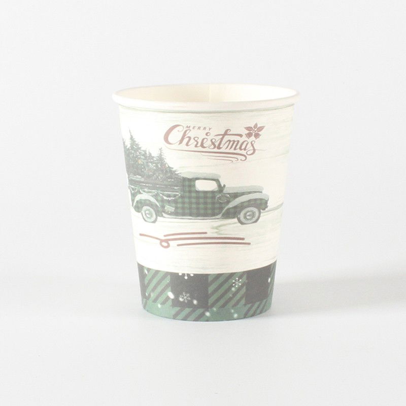 Articole Servire Masa - Set 10 Pahare, Flippy, Imprimeu Masina de Craciun, din Carton, 250 - 300 ml, 7.5 x 8.4 x 5.3 cm, Multicolor