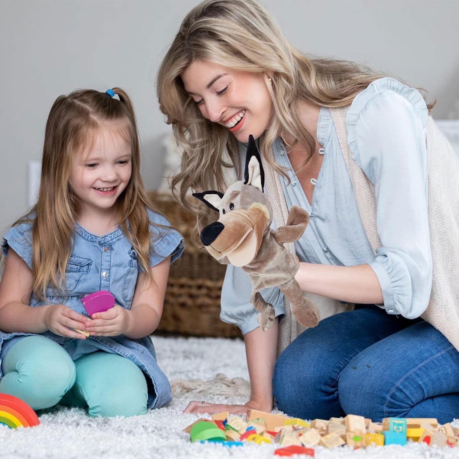 Jucarii interactive - Papusa de Mana pentru Teatru de Papusi, Flippy, din Plus, 25 x 10 x 8 cm, Model Lup, Bej