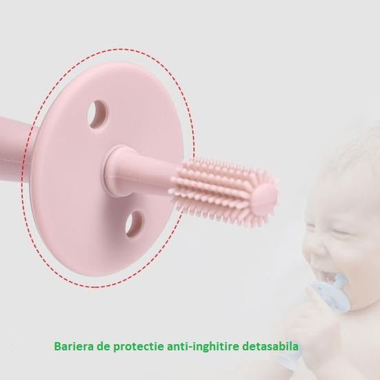 Articole Diverse copii - Periuta de Dinti din Silicon pentru Bebelusi, Flippy, fara BPA, 360 Grade, Bariera Anti-Inghitire, Maner Ergonomic, 12.5 x 15 cm, Roz