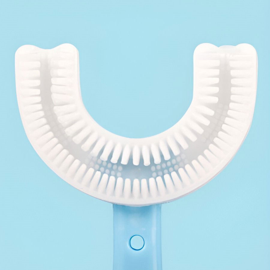 0 - 10 LEI - Periuta de Dinti in Forma de U, Flippy, pentru Copii 6-12 ani, Peri Moi, 12 cm, Model Inima, Culoare Albastru