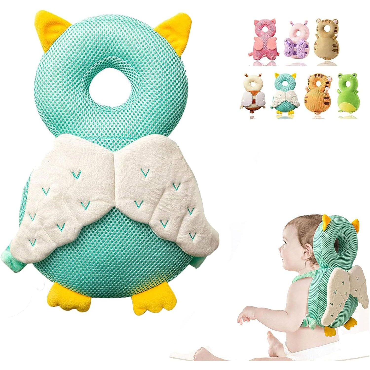 Perne Voiaj, Paturi si Textile - Perna tip Rucsac pentru Protectia Capului, Flippy, Tetiera tip Bufnita, Design tip Plasa, pentru Bebelusi, 33x6x19 cm, 180 g, Albastru