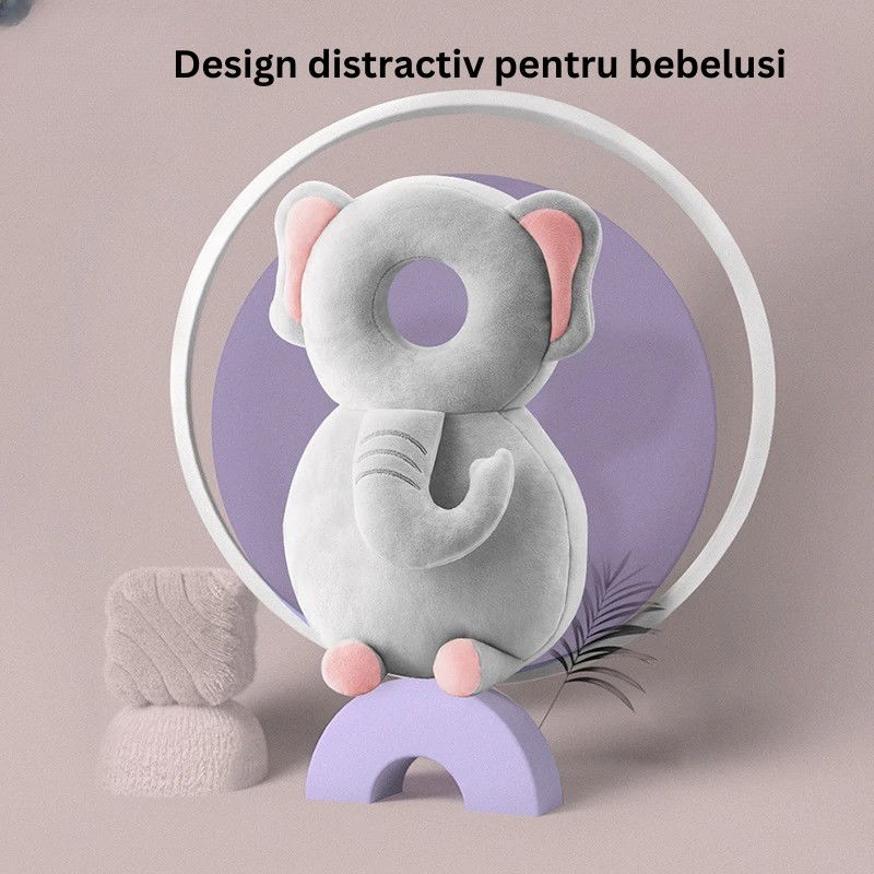 Perne Voiaj, Paturi si Textile - Perna tip Rucsac pentru Protectia Capului, Flippy, Tetiera tip Elefant de Plus, pentru Bebelusi, 33x6x19 cm, 180 g, Gri