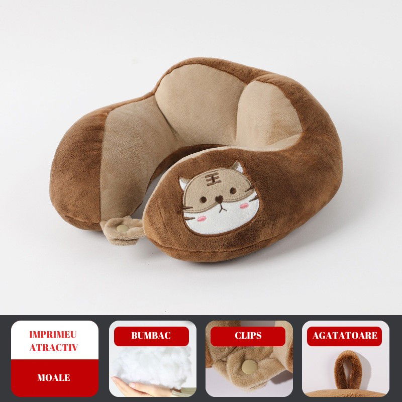 Perna de Calatorie, Flippy, Pentru Gat si Cap, Umplutura din Bumbac, 28x28x10 cm, cu Model Brodat Pisica, Maro [3]