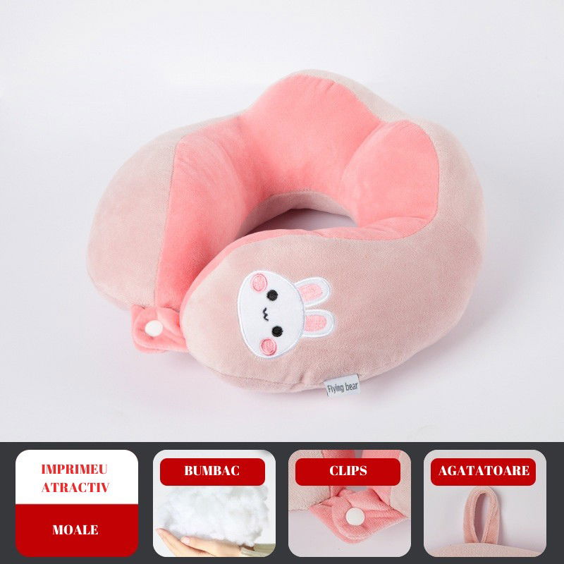 Perna de Calatorie, Flippy, Pentru Gat si Cap, Umplutura din Bumbac, 28x28x10 cm, cu Model Brodat Iepure, Roz [4]