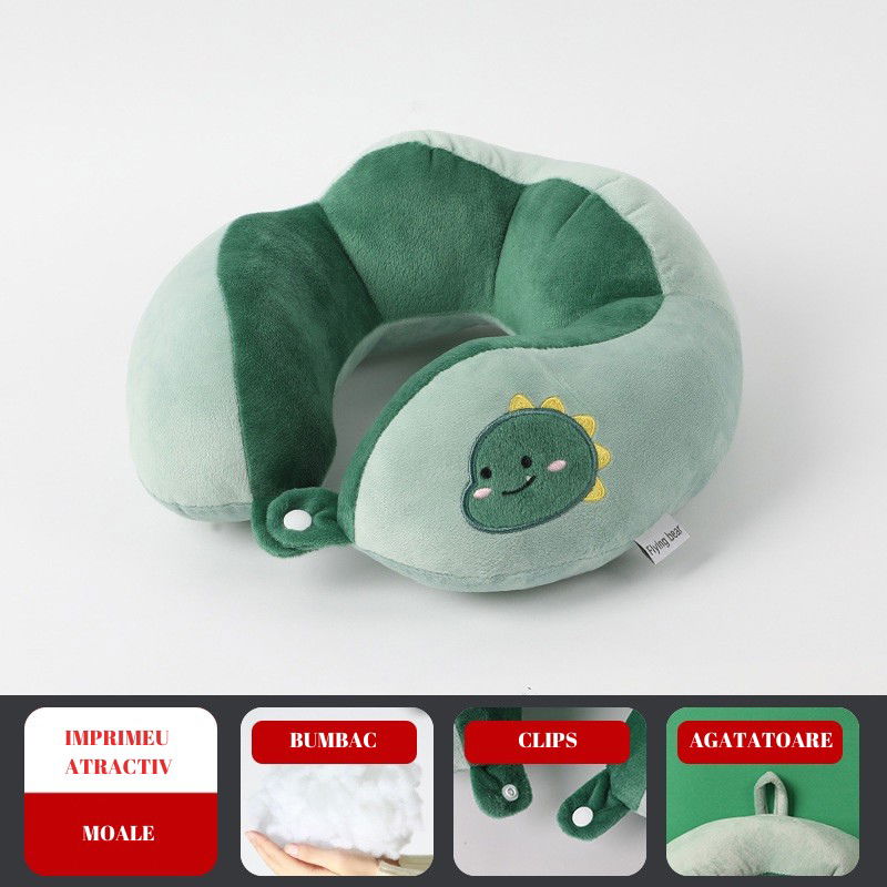 Perna de Calatorie, Flippy, Pentru Gat si Cap, Umplutura din Bumbac, 28x28x10 cm, cu Model Brodat Dinozaur, Verde [6]