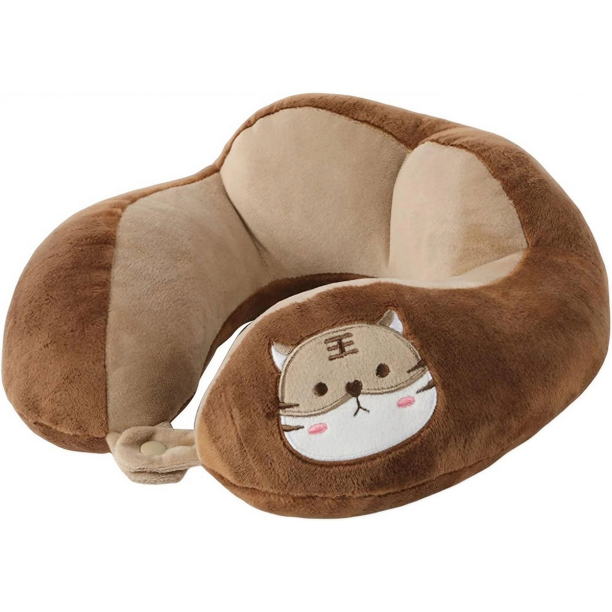 Perne Voiaj, Paturi si Textile - Perna de Calatorie, Flippy, Pentru Gat si Cap, Umplutura din Bumbac, 28x28x10 cm, cu Model Brodat Pisica, Maro