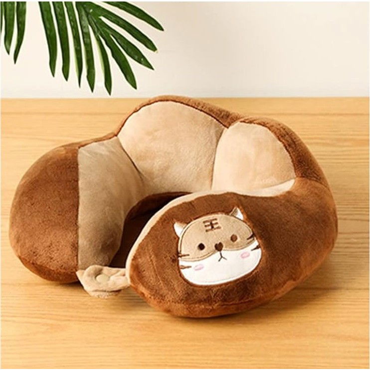 Perne Voiaj, Paturi si Textile - Perna de Calatorie, Flippy, Pentru Gat si Cap, Umplutura din Bumbac, 28x28x10 cm, cu Model Brodat Pisica, Maro