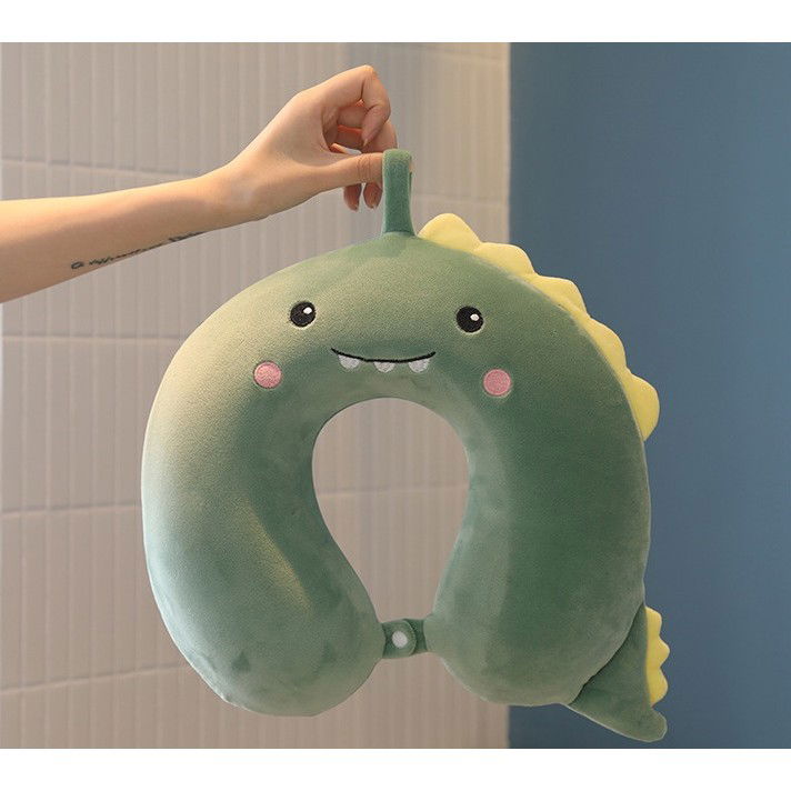 Perna de Calatorie in Forma de U, Flippy, Pentru Gat si Cap, Umplutura din Spuma cu Memorie, 30x30 cm, Model Dinozaur, Accesoriu de Voiaj, Birou, Masina, Sistem Prindere Capse, Verde [5]