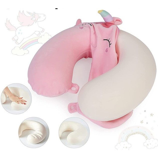Perna de Calatorie in Forma de U, Flippy, Pentru Gat si Cap, Umplutura din Spuma cu Memorie, 30x30 cm, Model Unicorn, Accesoriu de Voiaj, Birou, Masina, Sistem Prindere Capse, Roz [5]