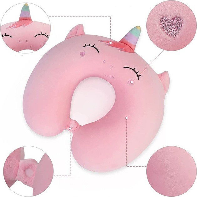 Perne Voiaj, Paturi si Textile - Perna de Calatorie in Forma de U, Flippy, Pentru Gat si Cap, Umplutura din Spuma cu Memorie, 30x30 cm, Model Unicorn, Accesoriu de Voiaj, Birou, Masina, Sistem Prindere Capse, Roz