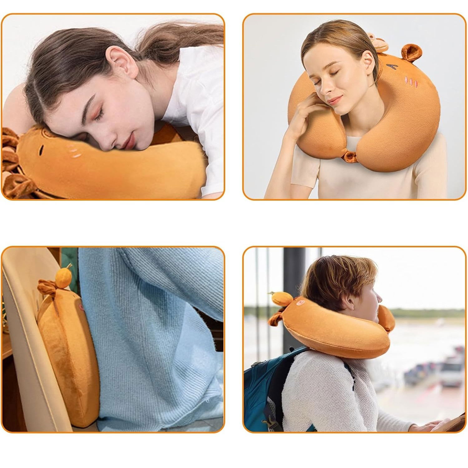 Perne Voiaj, Paturi si Textile - Perna de Calatorie in Forma de U, Flippy, Pentru Gat si Cap, Umplutura din Spuma cu Memorie, 30x30 cm, Model Capybara, Accesoriu de Voiaj, Birou, Masina, Sistem Prindere Capse, Maro