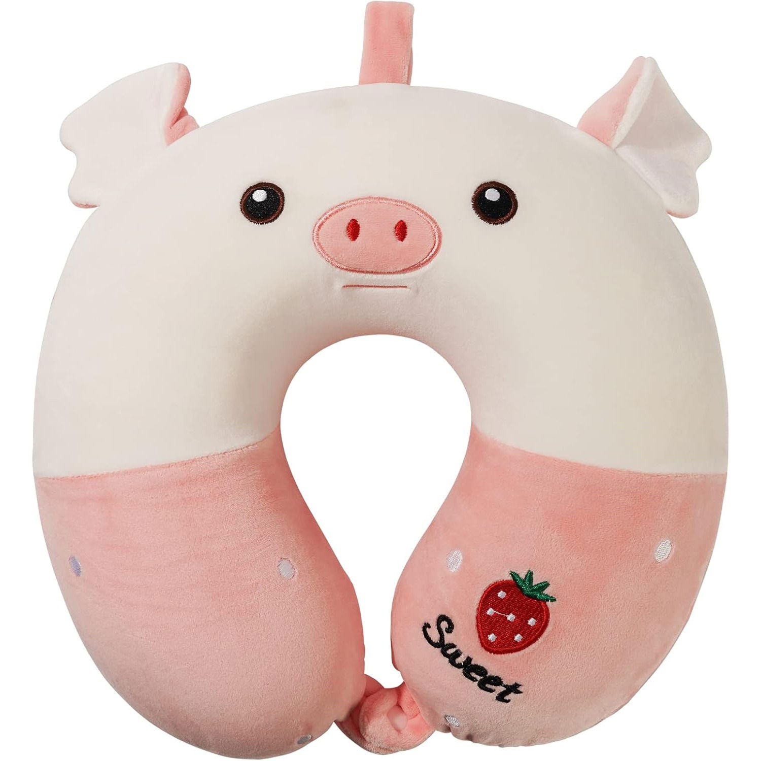 Perne Voiaj, Paturi si Textile - Perna de Calatorie in Forma de U, Flippy, Pentru Gat si Cap, Umplutura din Spuma cu Memorie, 30x30 cm, Model Purcelus, Accesoriu de Voiaj, Birou, Masina, Sistem Prindere Capse, Alb-Roz