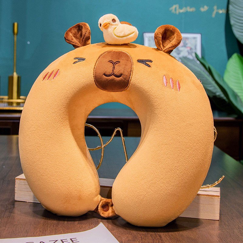 Perna de Calatorie in Forma de U, Flippy, Pentru Gat si Cap, Umplutura din Spuma cu Memorie, 30x30 cm, Model Capybara, Accesoriu de Voiaj, Birou, Masina, Sistem Prindere Capse, Maro [7]