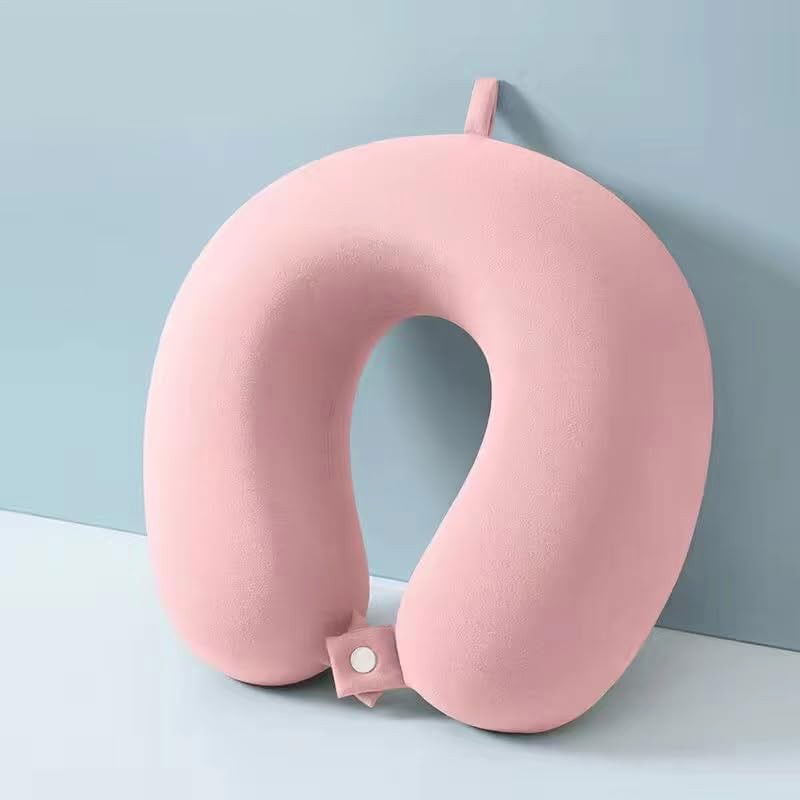 Perne Voiaj, Paturi si Textile - Perna de Calatorie in Forma de U, Flippy, Pentru Gat si Cap, Umplutura din Spuma cu Memorie, 30x30 cm, Sistem Prindere Capse, Cutie de Depozitare, Roz