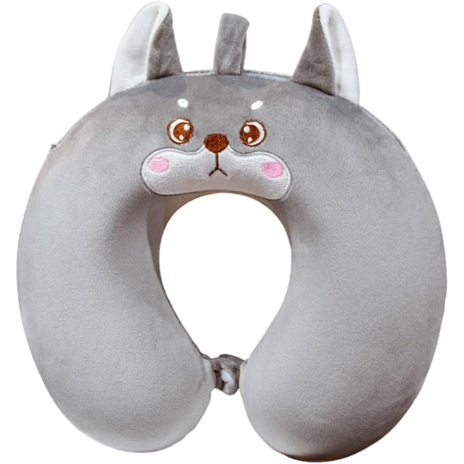 Perna de Calatorie in Forma de U, Flippy, Pentru Gat si Cap, Umplutura din Spuma cu Memorie, 30x30 cm, Model Husky, Accesoriu de Voiaj, Birou, Masina, Sistem Prindere Capse, Gri [3]
