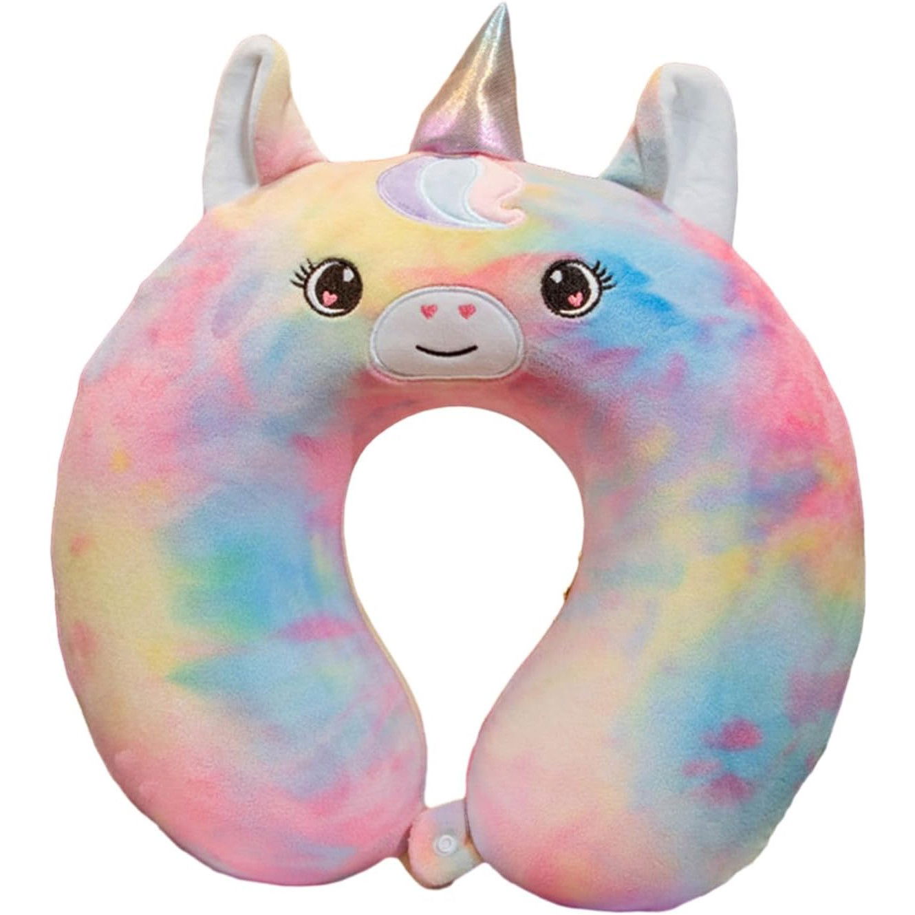 Perne Voiaj, Paturi si Textile - Perna de Calatorie in Forma de U, Flippy, Pentru Gat si Cap, Umplutura din Spuma cu Memorie, 30x30 cm, Model Unicorn, Accesoriu de Voiaj, Birou, Masina, Sistem Prindere Capse, Multicolor