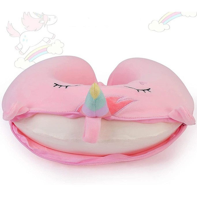 Perna de Calatorie in Forma de U, Flippy, Pentru Gat si Cap, Umplutura din Spuma cu Memorie, 30x30 cm, Model Unicorn, Accesoriu de Voiaj, Birou, Masina, Sistem Prindere Capse, Roz [3]