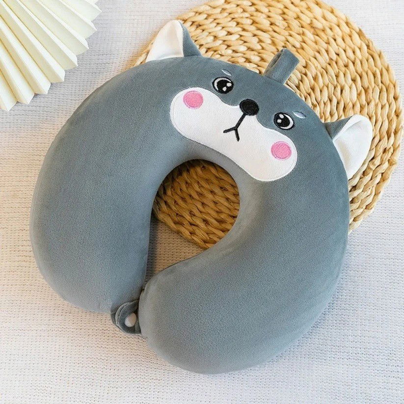 Perne Voiaj, Paturi si Textile - Perna de Calatorie in Forma de U, Flippy, Pentru Gat si Cap, Umplutura din Spuma cu Memorie, 30x30 cm, Model Husky, Accesoriu de Voiaj, Birou, Masina, Sistem Prindere Capse, Gri