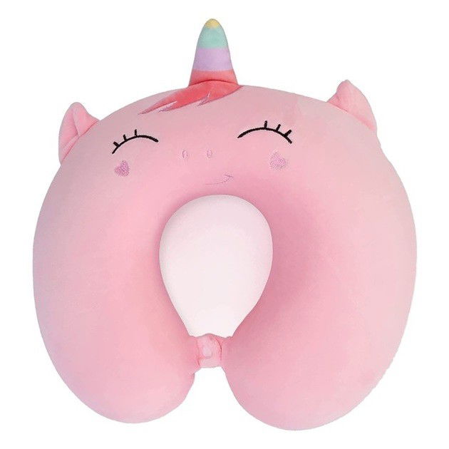 Perne Voiaj, Paturi si Textile - Perna de Calatorie in Forma de U, Flippy, Pentru Gat si Cap, Umplutura din Spuma cu Memorie, 30x30 cm, Model Unicorn, Accesoriu de Voiaj, Birou, Masina, Sistem Prindere Capse, Roz