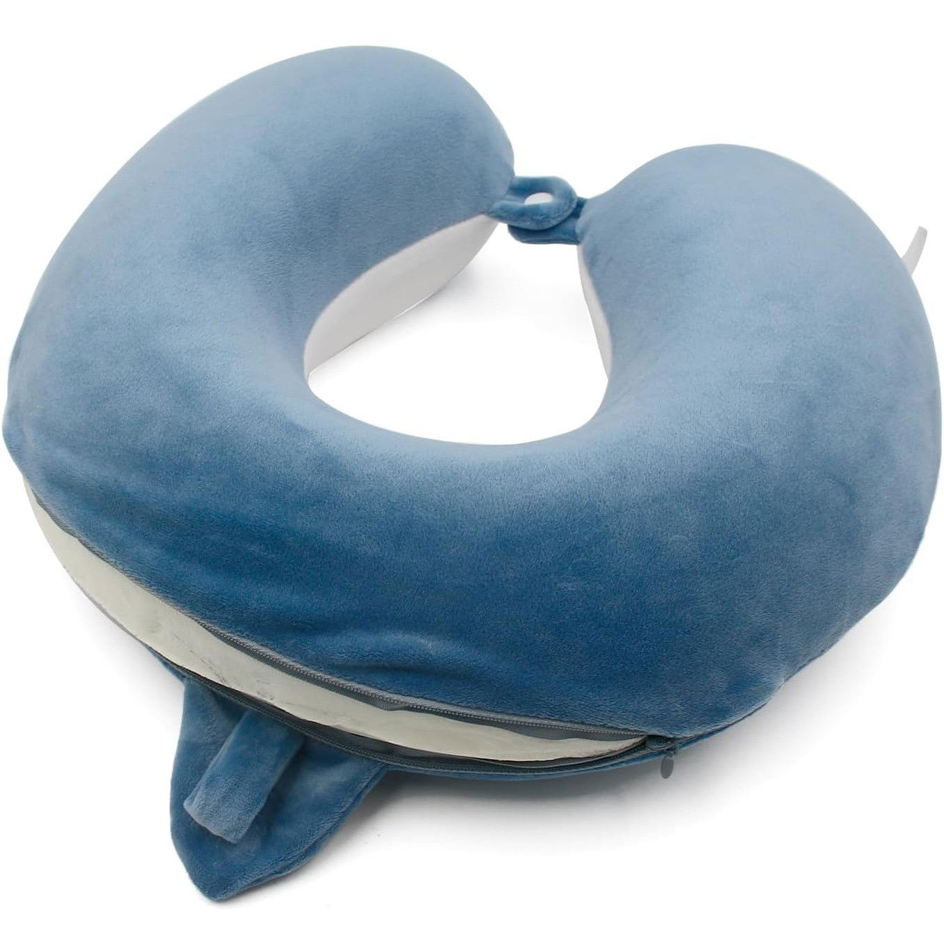Perne Voiaj, Paturi si Textile - Perna de Calatorie in Forma de U, Flippy, Pentru Gat si Cap, Umplutura din Spuma cu Memorie, 30x30 cm, Model Rechin, Accesoriu de Voiaj, Birou, Masina, Sistem Prindere Capse, Albastru